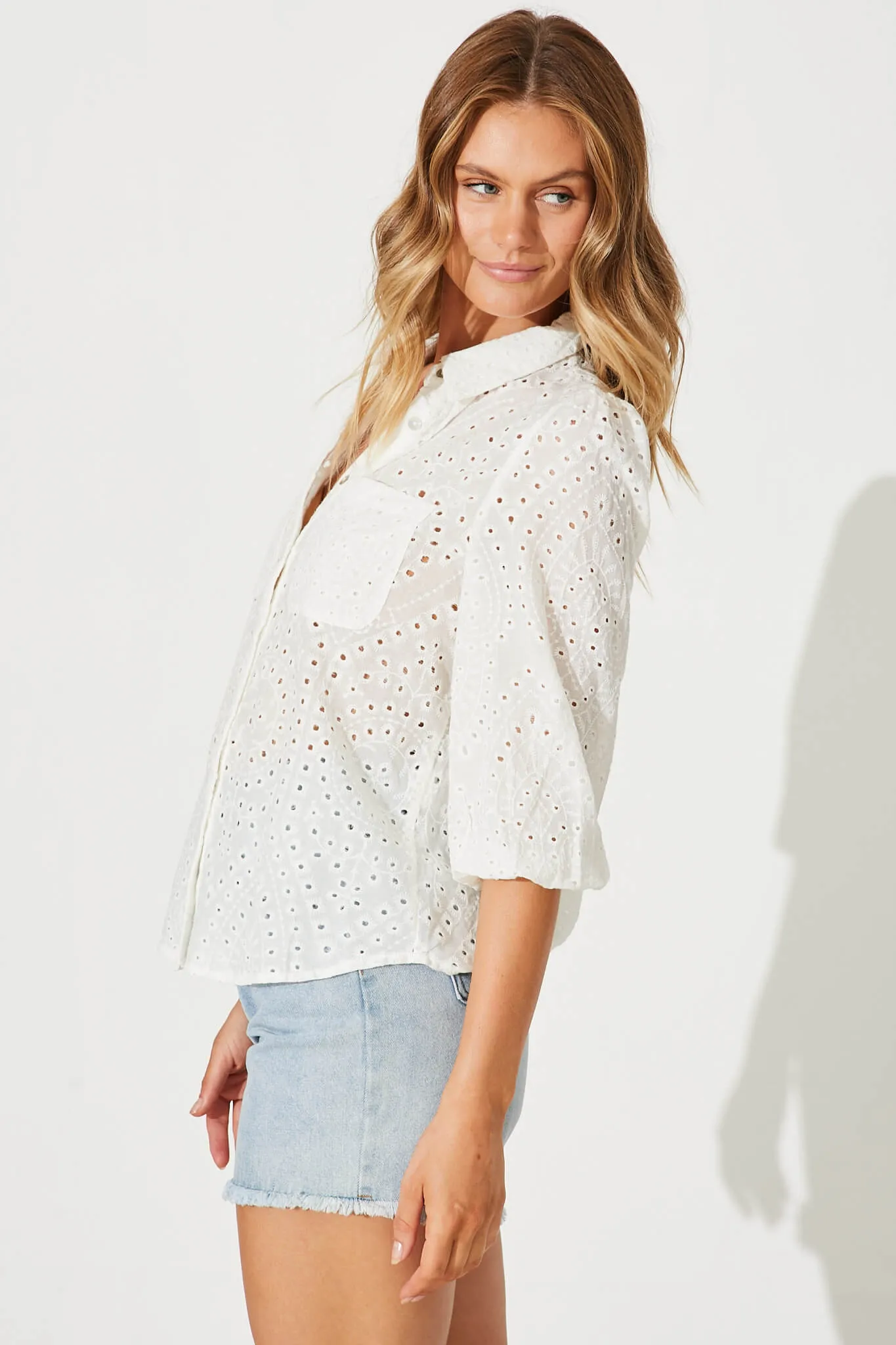 Delight Shirt In White Broderie Linen Blend