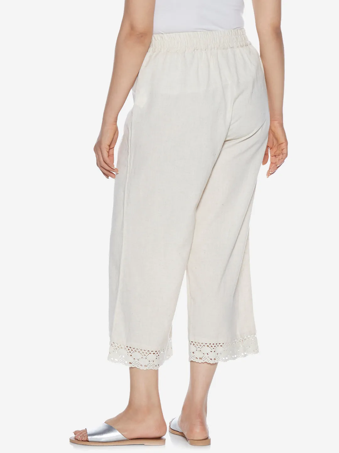 Diza Curve Off-White Cotton Detailed Palazzos