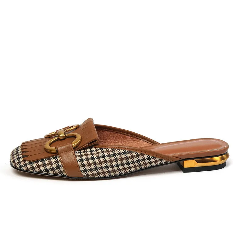 Elin Vintage Plaid Flat Mules-Brown