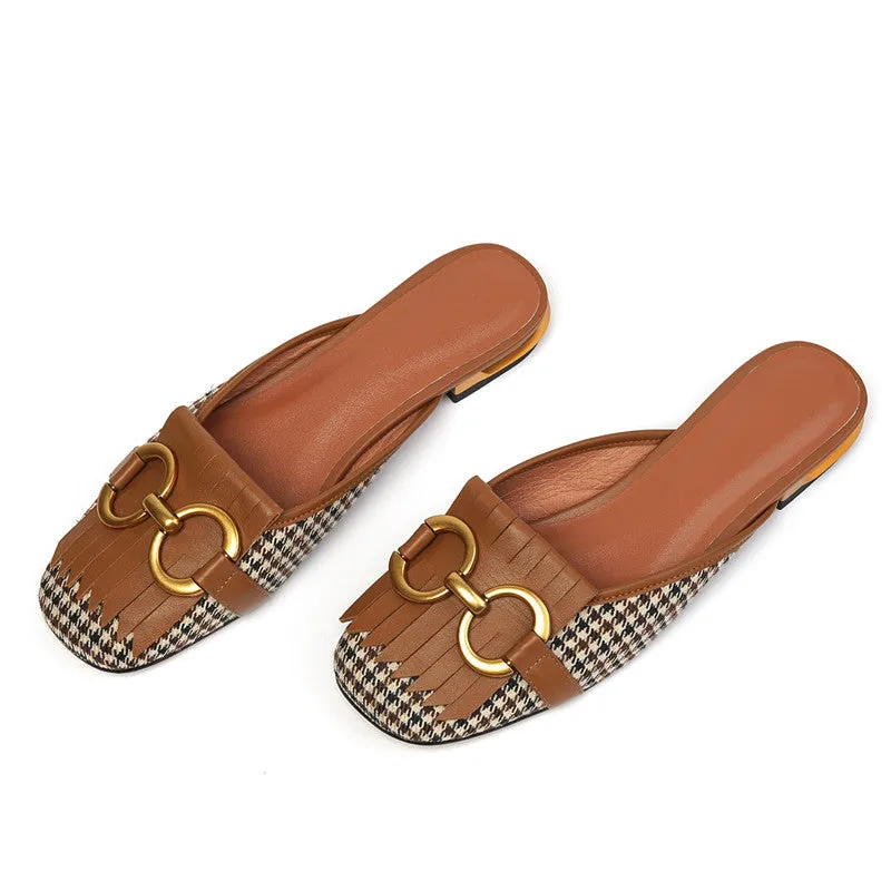 Elin Vintage Plaid Flat Mules-Brown