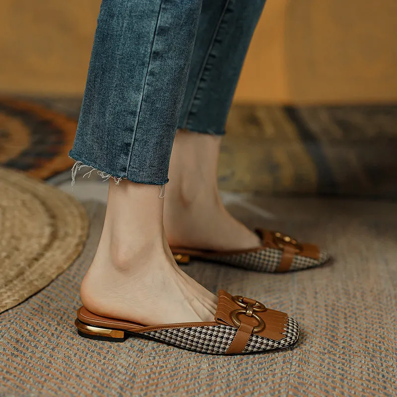 Elin Vintage Plaid Flat Mules-Brown