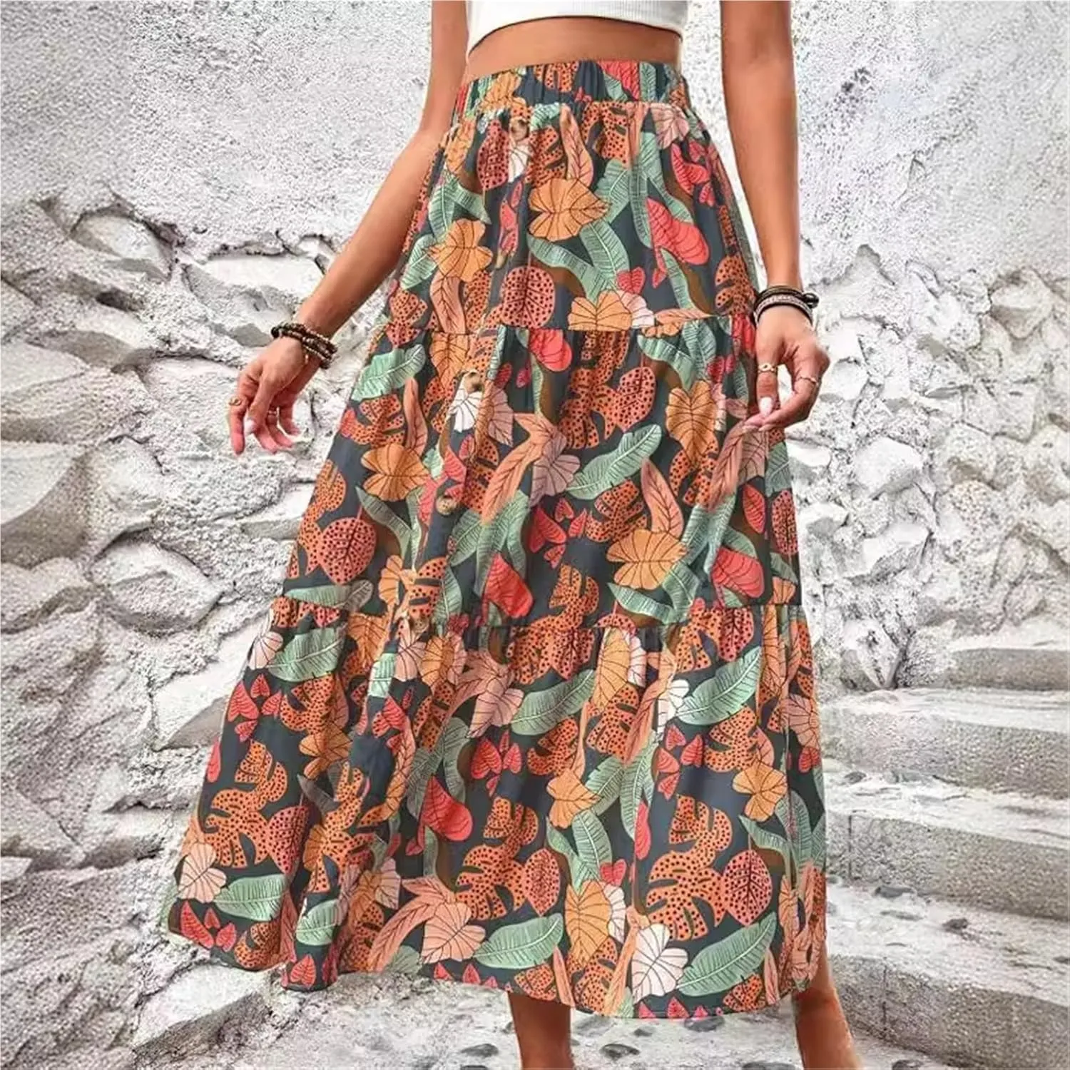 Fashionable Floral Print Half-Length Long Skirt Women's Holiday Style A-line Midi Skirt Elegant Commute Style(X-Large)