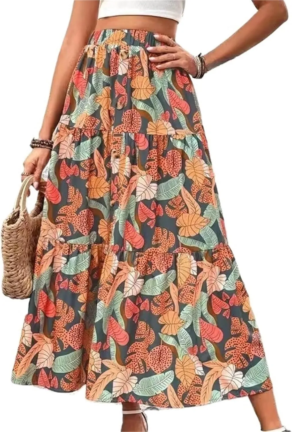 Fashionable Floral Print Half-Length Long Skirt Women's Holiday Style A-line Midi Skirt Elegant Commute Style(X-Large)