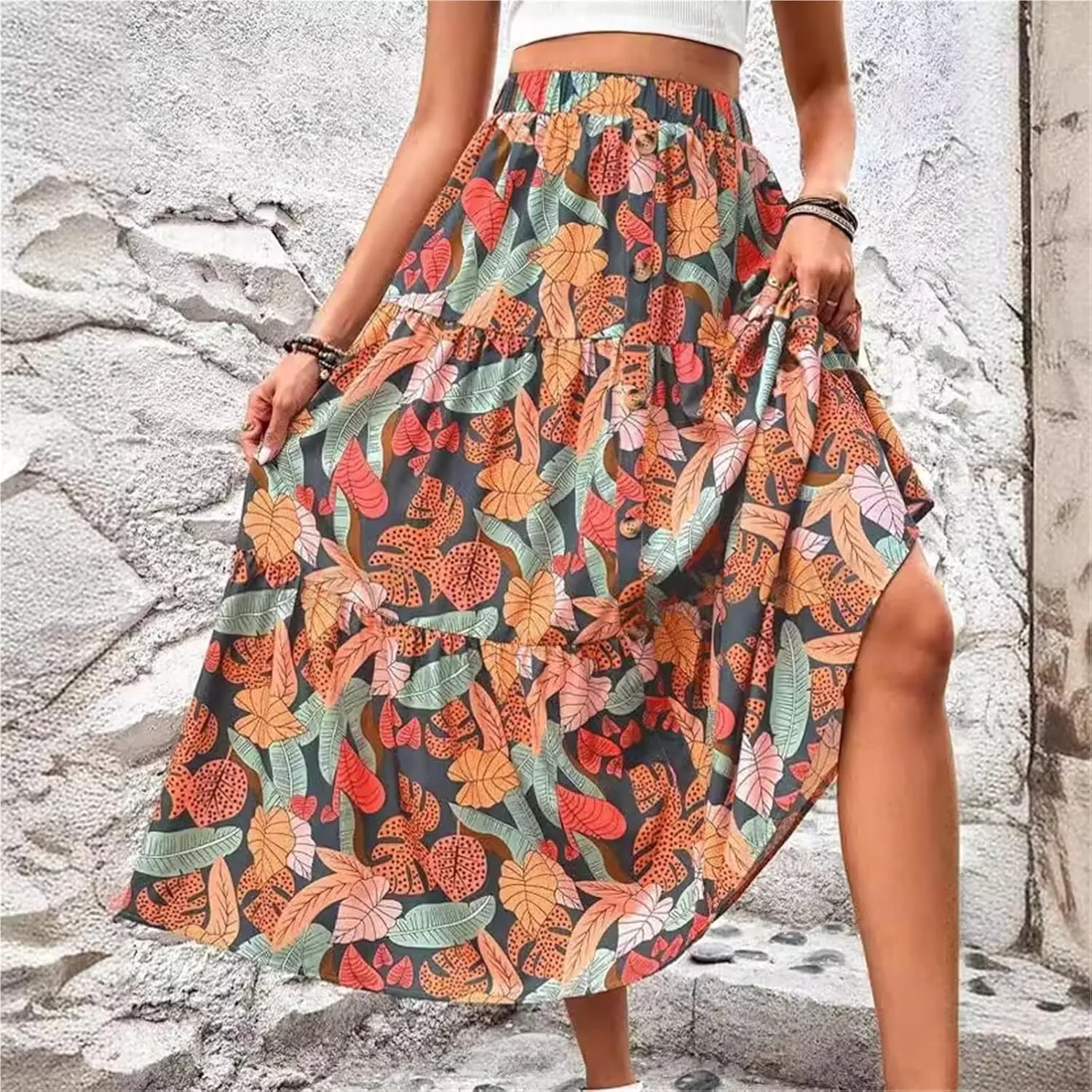Fashionable Floral Print Half-Length Long Skirt Women's Holiday Style A-line Midi Skirt Elegant Commute Style(X-Large)