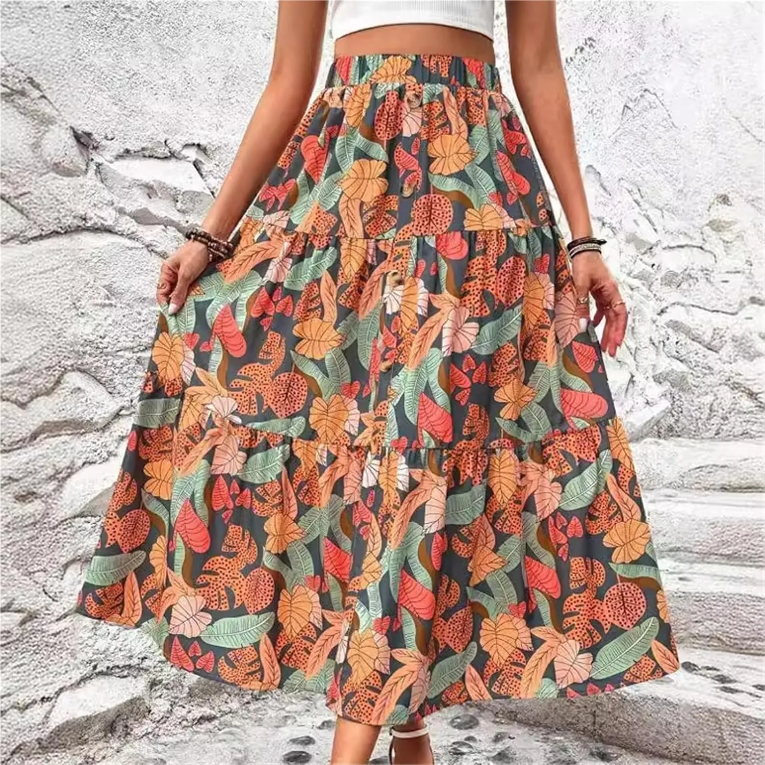 Fashionable Floral Print Half-Length Long Skirt Women's Holiday Style A-line Midi Skirt Elegant Commute Style(X-Large)