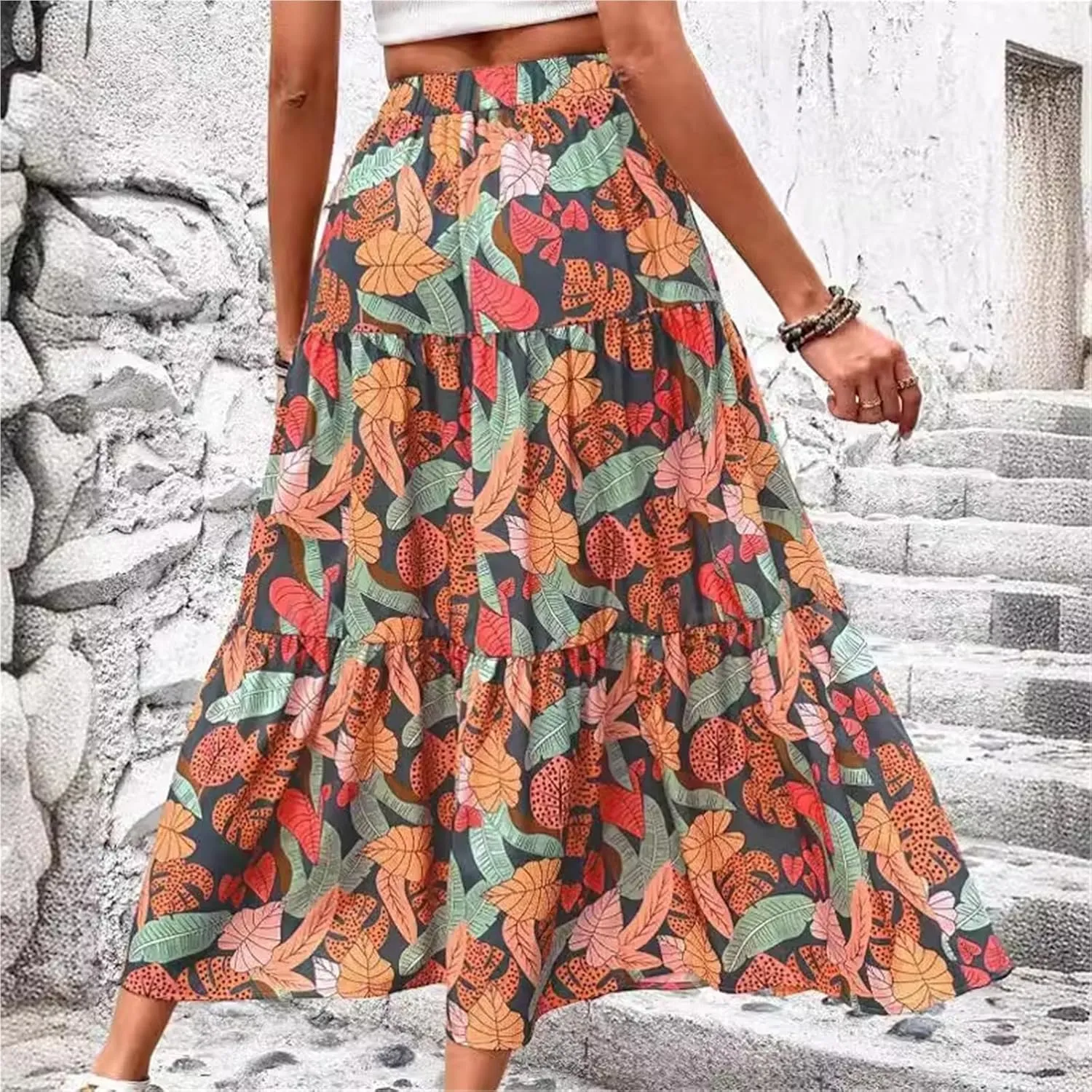 Fashionable Floral Print Half-Length Long Skirt Women's Holiday Style A-line Midi Skirt Elegant Commute Style(X-Large)