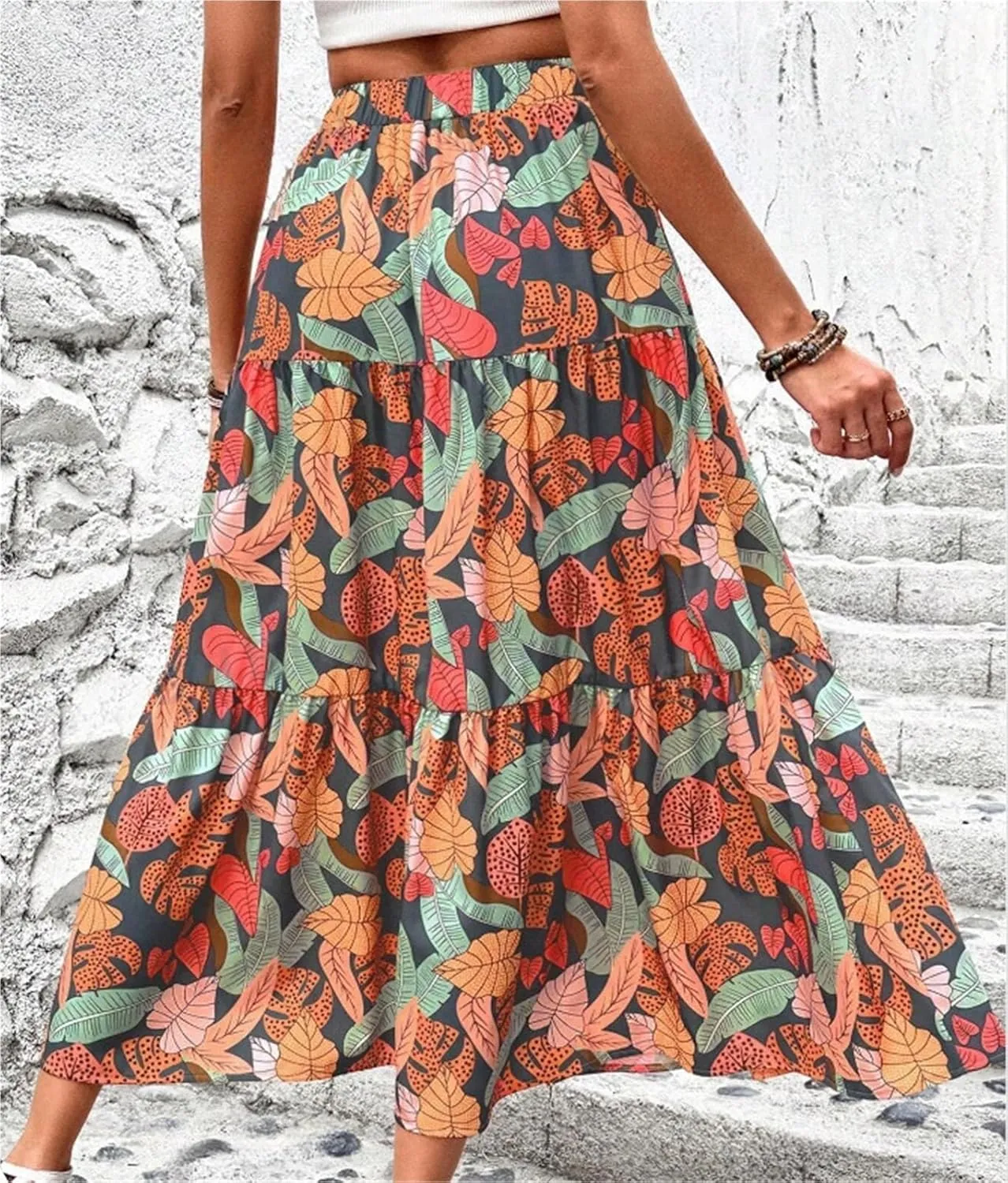 Fashionable Floral Print Half-Length Long Skirt Women's Holiday Style A-line Midi Skirt Elegant Commute Style(X-Large)