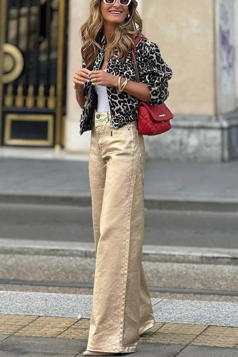 Fashionable Lifestyle Leopard Print Long Sleeve Pocket Bomber Jacket