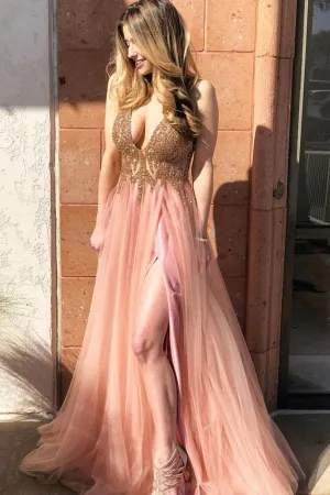 Flowy Pink V-neck Long Party Prom Dress