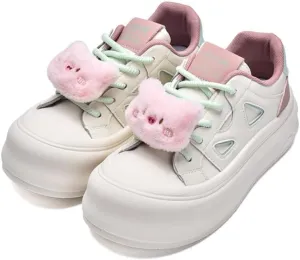 Geerta Cute Platform Shoes - Fluffy Bear Piggy Panda Charms Thick Sole Chunky Cookie Sneaker Womens Kawaii Retro Elevated Lug White Trainer for Girl Y2K Casual School Summer Beach Travel