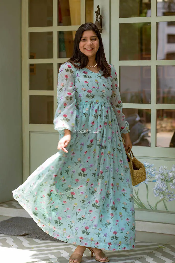 Green Printed Georgette Dress