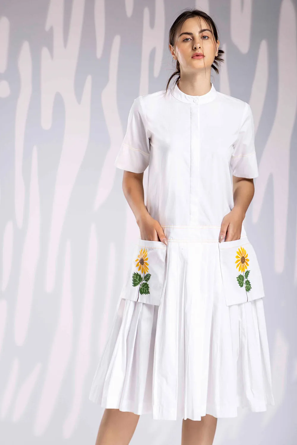 Handpainted Calf Length Gathers Dress - White