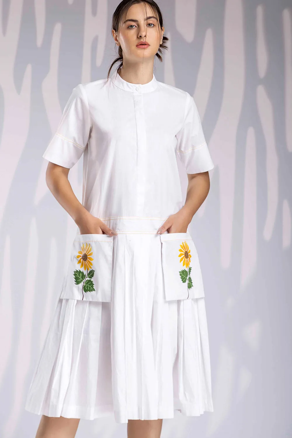Handpainted Calf Length Gathers Dress - White