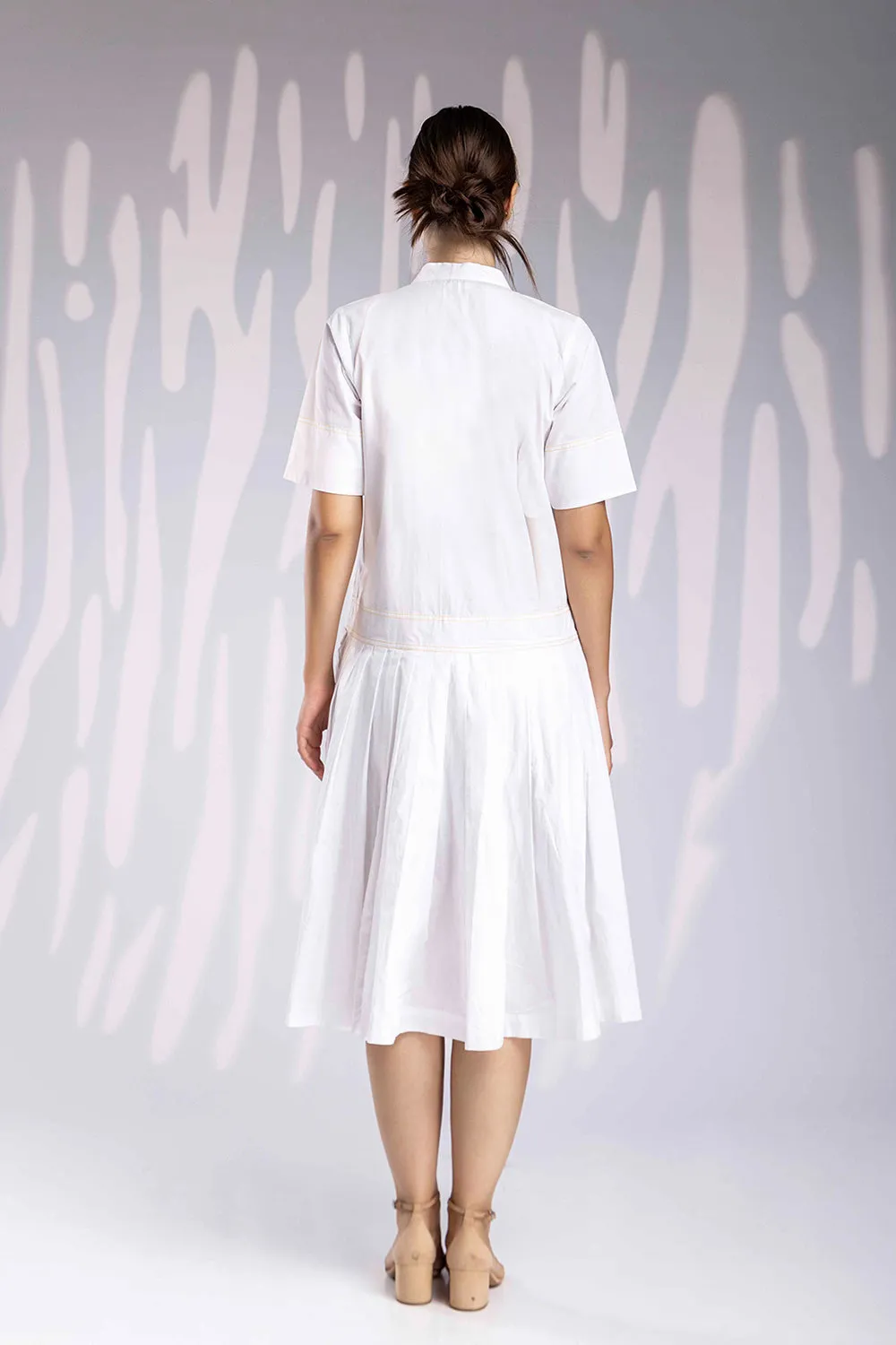 Handpainted Calf Length Gathers Dress - White