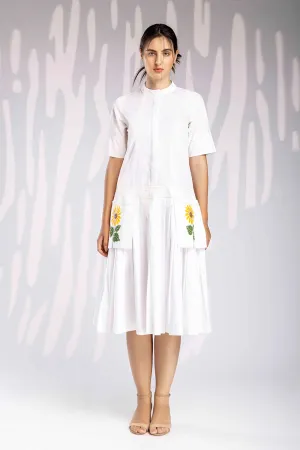 Handpainted Calf Length Gathers Dress - White