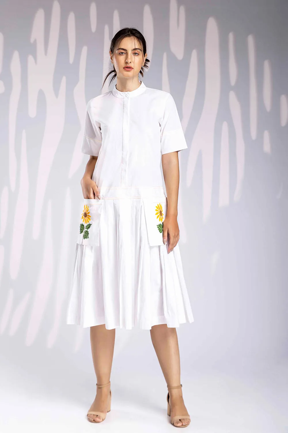Handpainted Calf Length Gathers Dress - White
