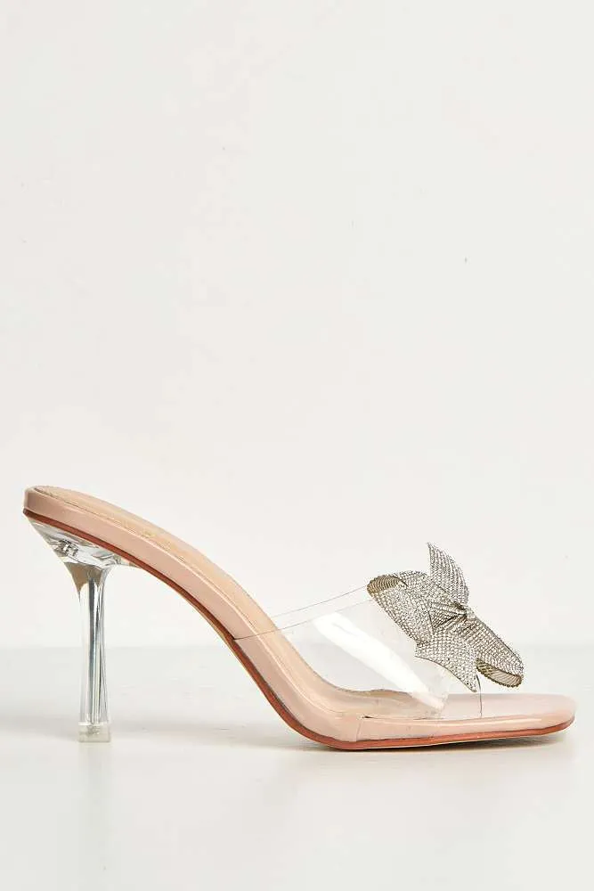 Kaya Diamante Bow Detail Perspex Mules in Nude
