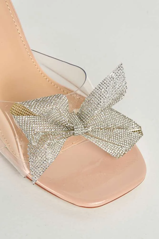 Kaya Diamante Bow Detail Perspex Mules in Nude