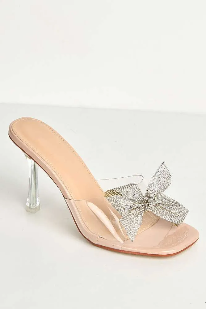 Kaya Diamante Bow Detail Perspex Mules in Nude