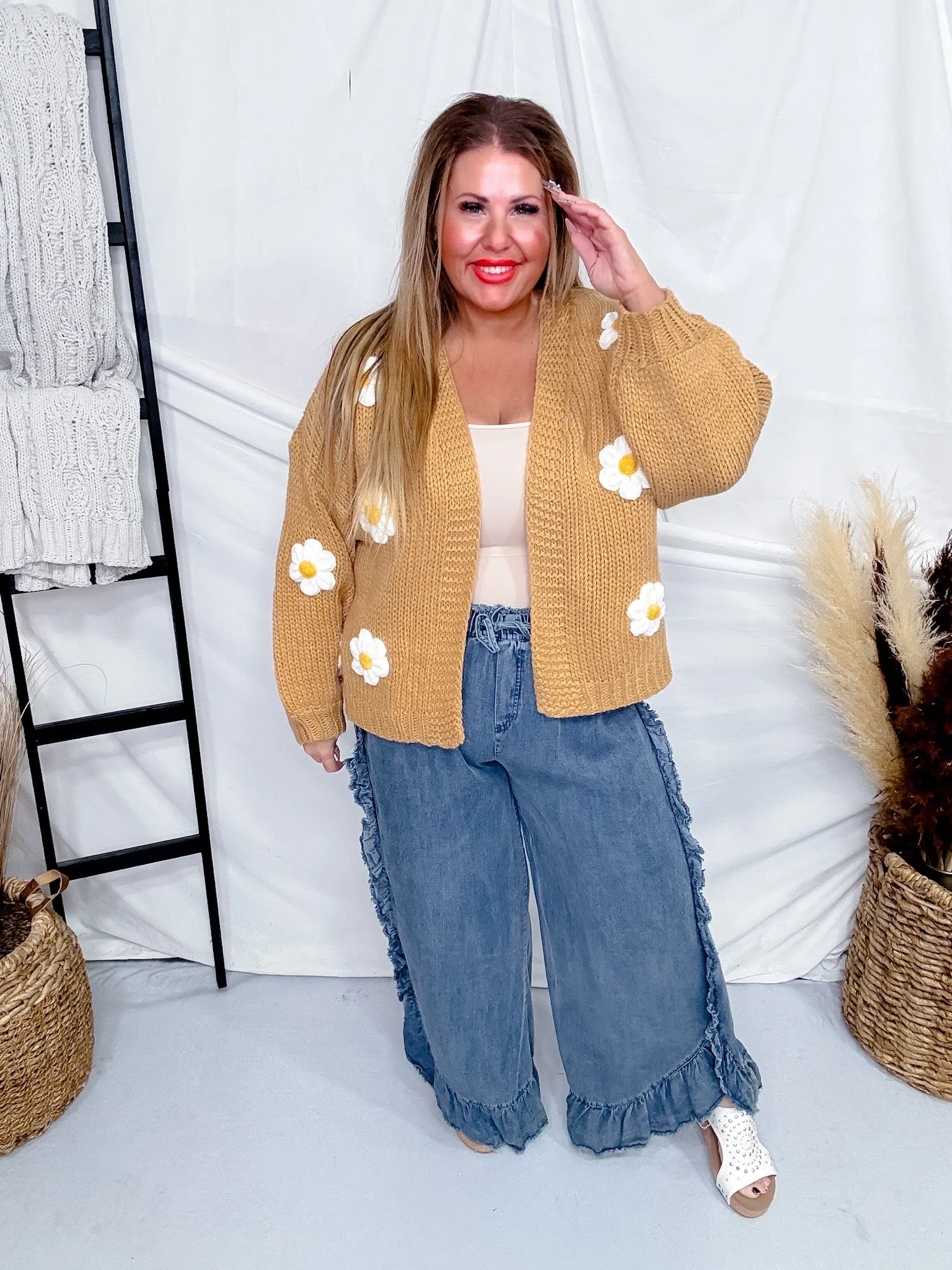 Knit Cardigan with Daisies in Camel Brown