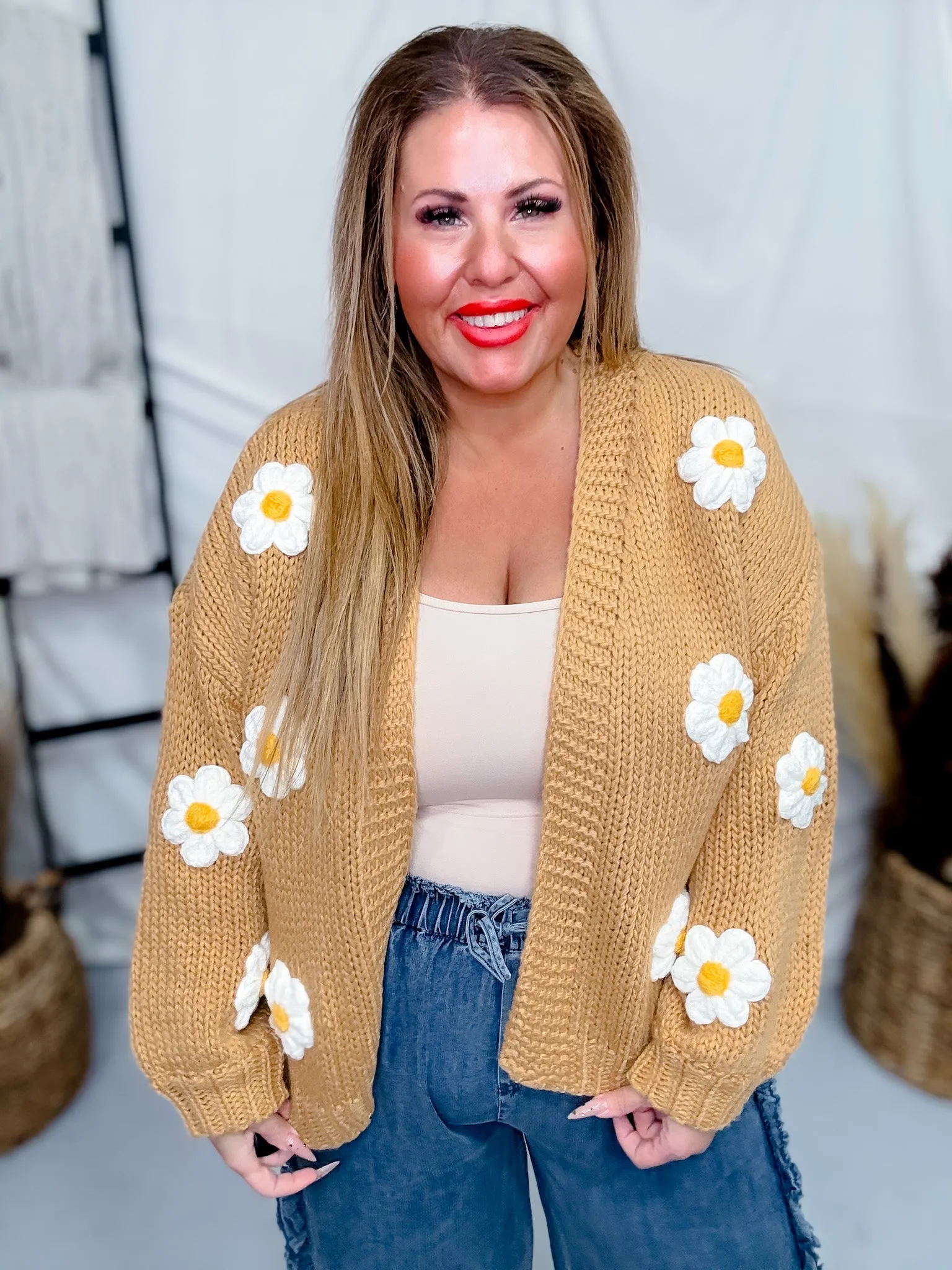 Knit Cardigan with Daisies in Camel Brown