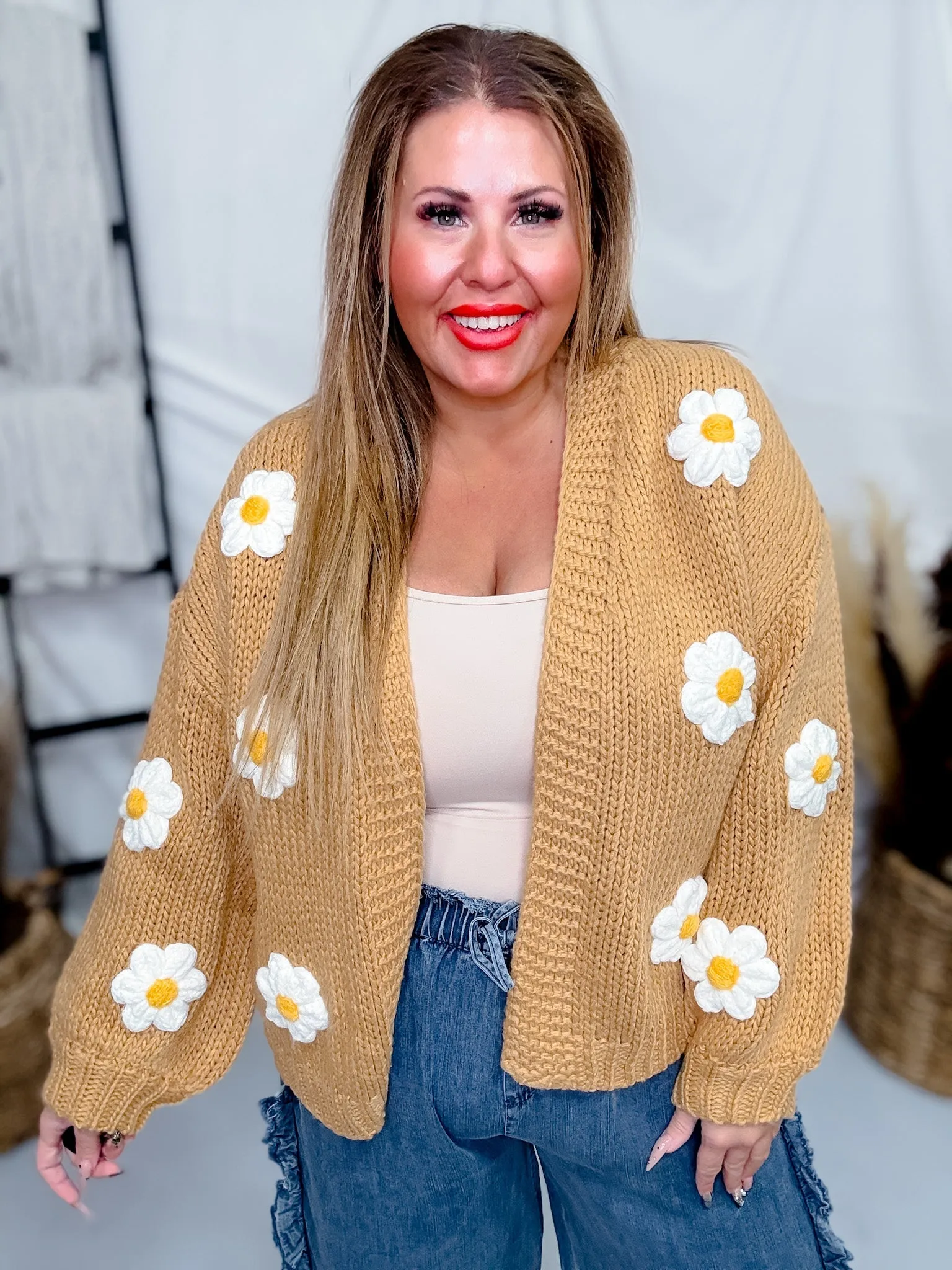 Knit Cardigan with Daisies in Camel Brown