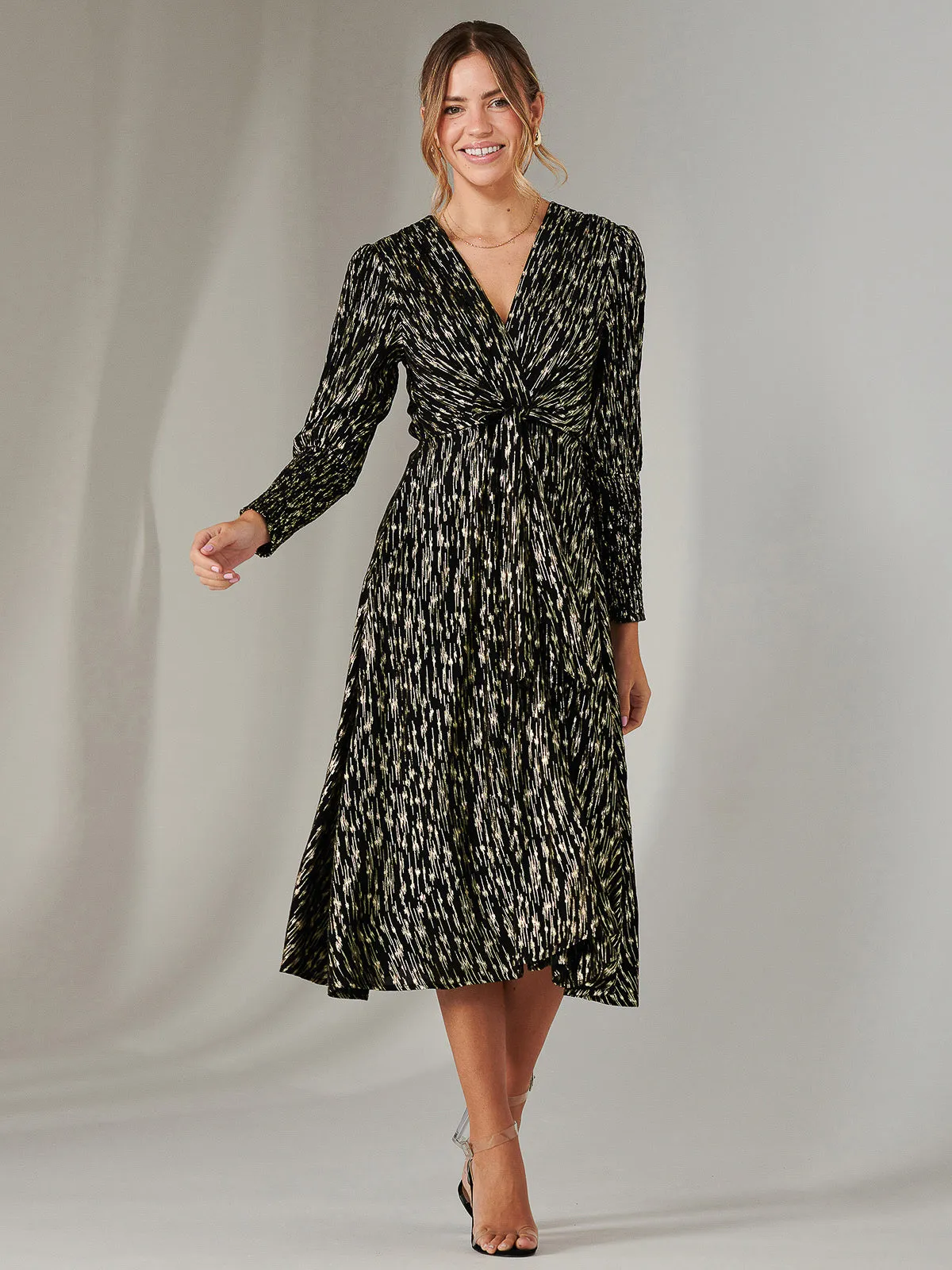 Layla Long Sleeve Metallic Wrap Dress, Black/Gold