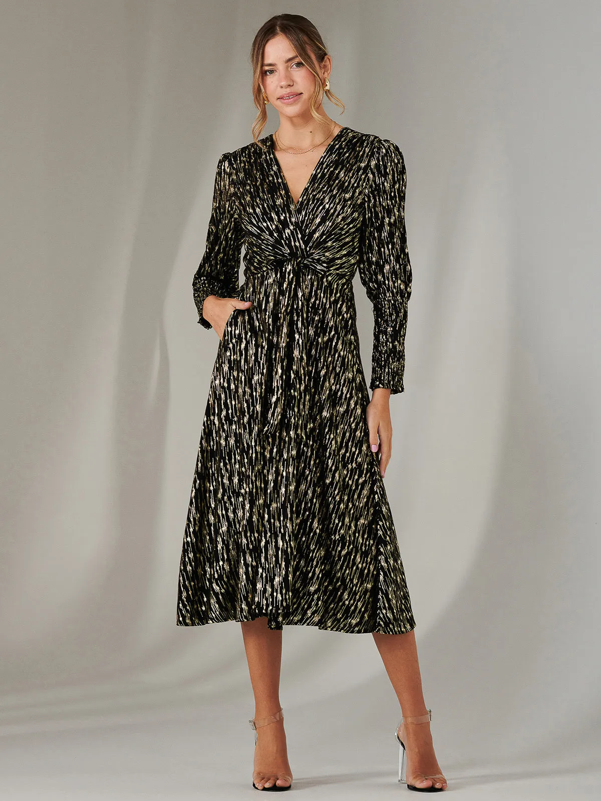 Layla Long Sleeve Metallic Wrap Dress, Black/Gold