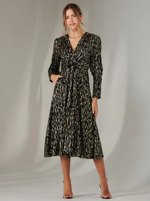 Layla Long Sleeve Metallic Wrap Dress, Black/Gold