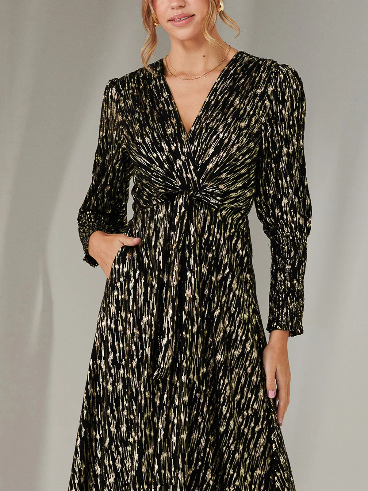 Layla Long Sleeve Metallic Wrap Dress, Black/Gold