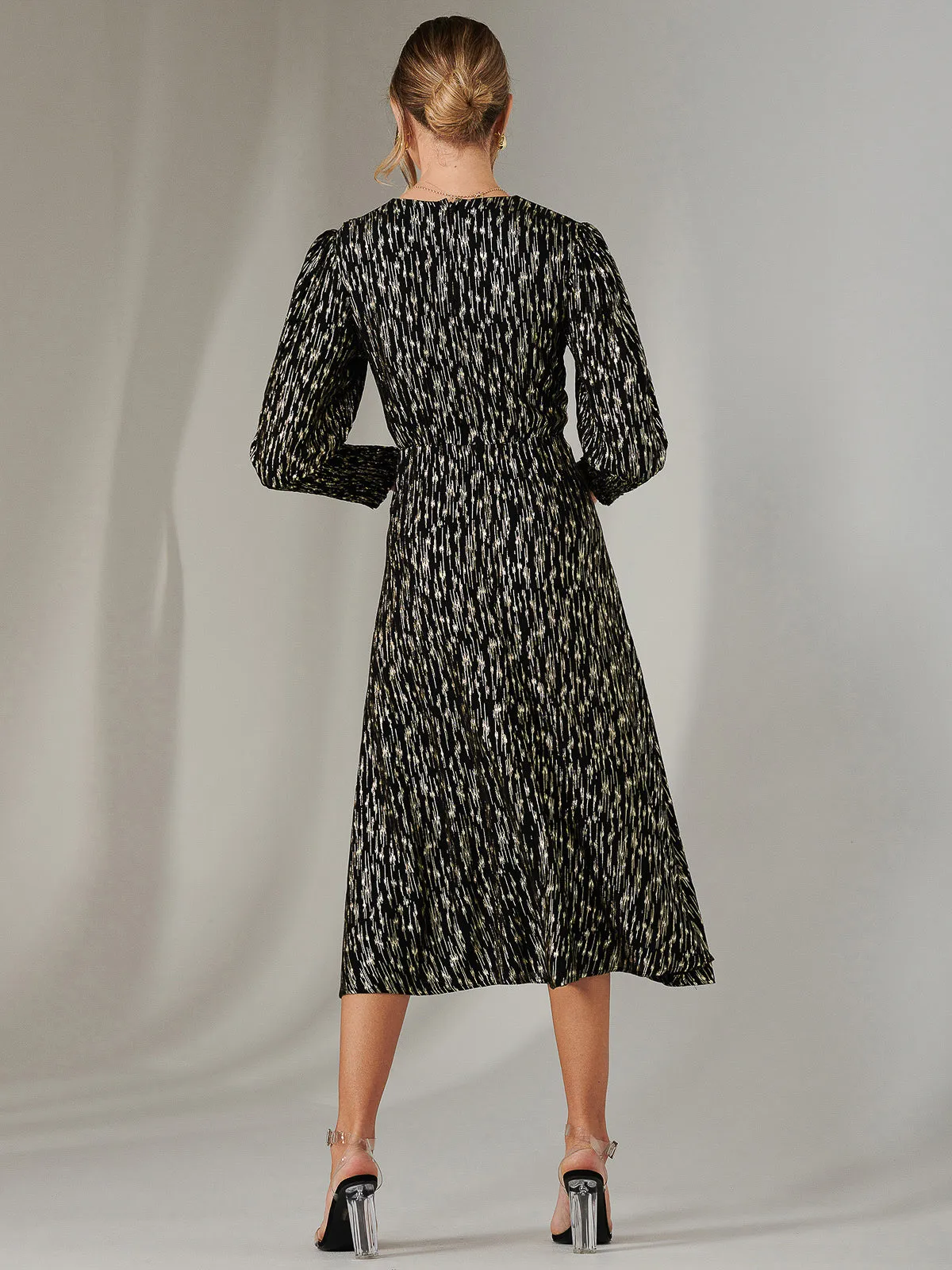 Layla Long Sleeve Metallic Wrap Dress, Black/Gold