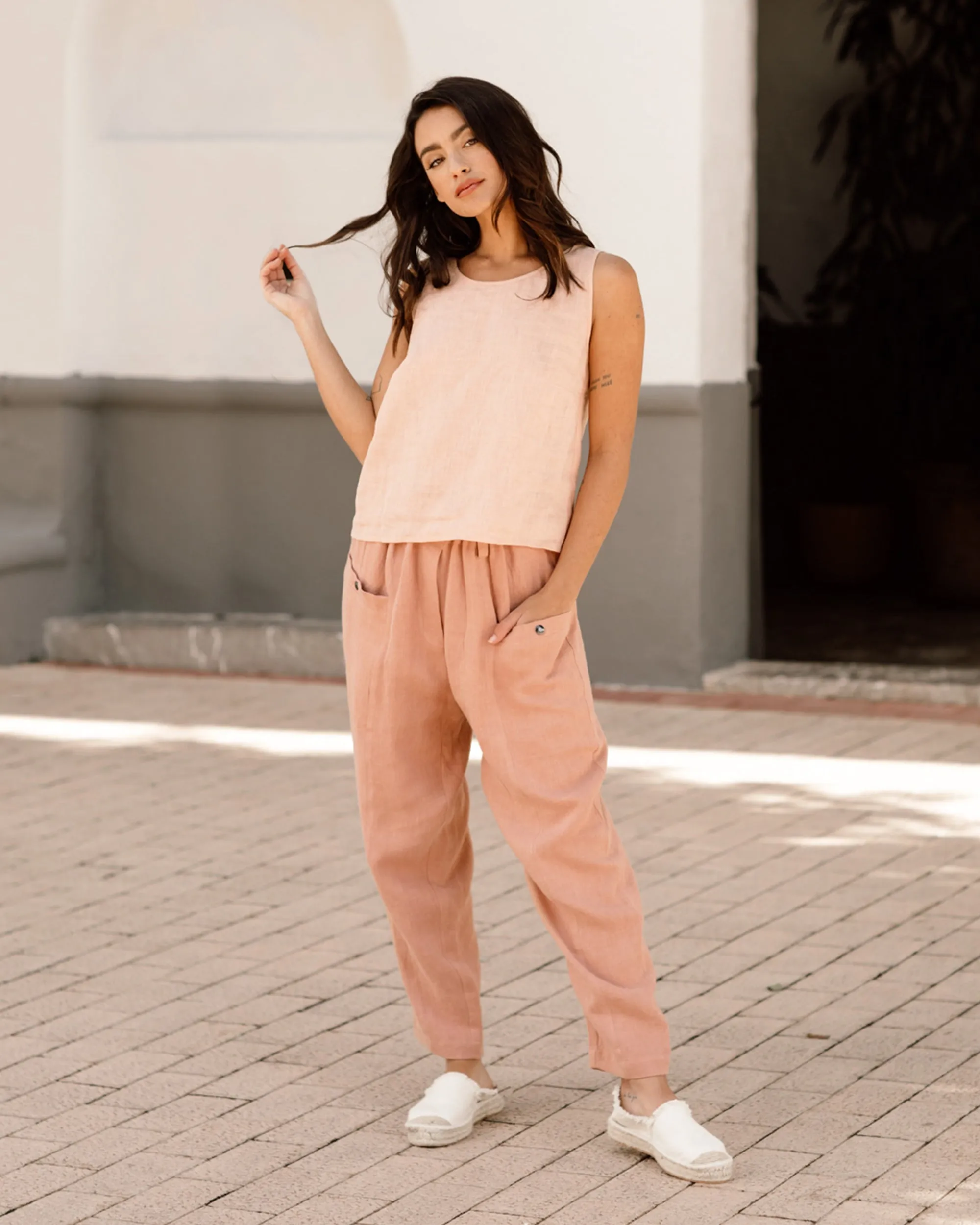 Linen crop top ITHAKA in Peach
