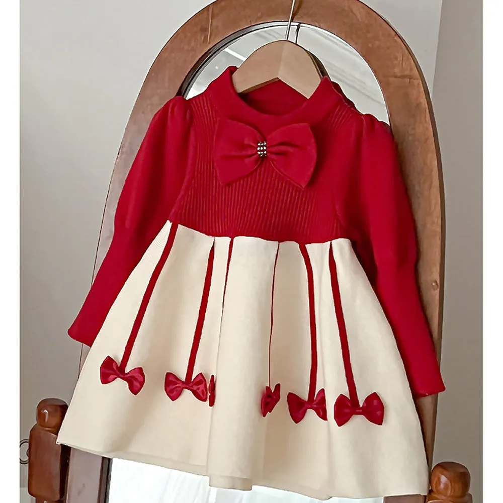 Little Surprise Box Maroon & Cream Little Bow Patterned Knitted Frock Winterwear With Matching Hair Clip For Girls