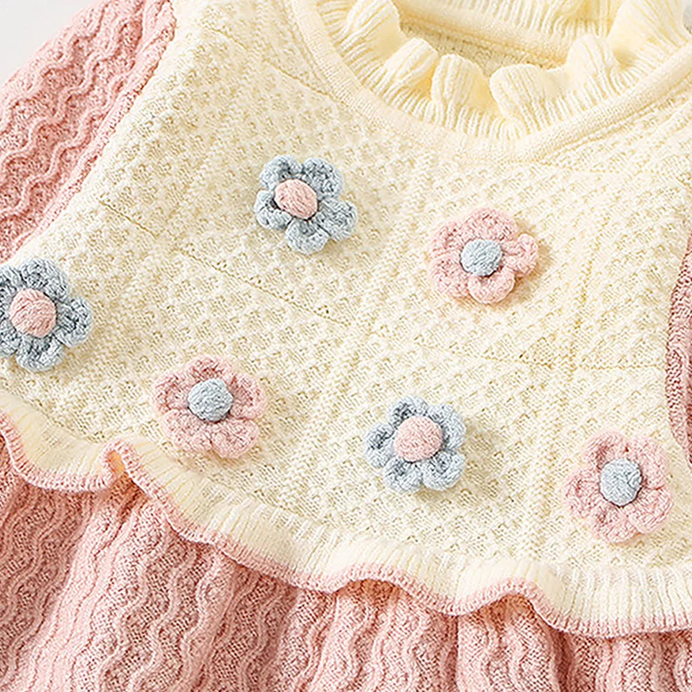 Little Surprise Box Pink & Cream Front Floral Jacket Patterned Knitted Frock Winter Wear For Girls