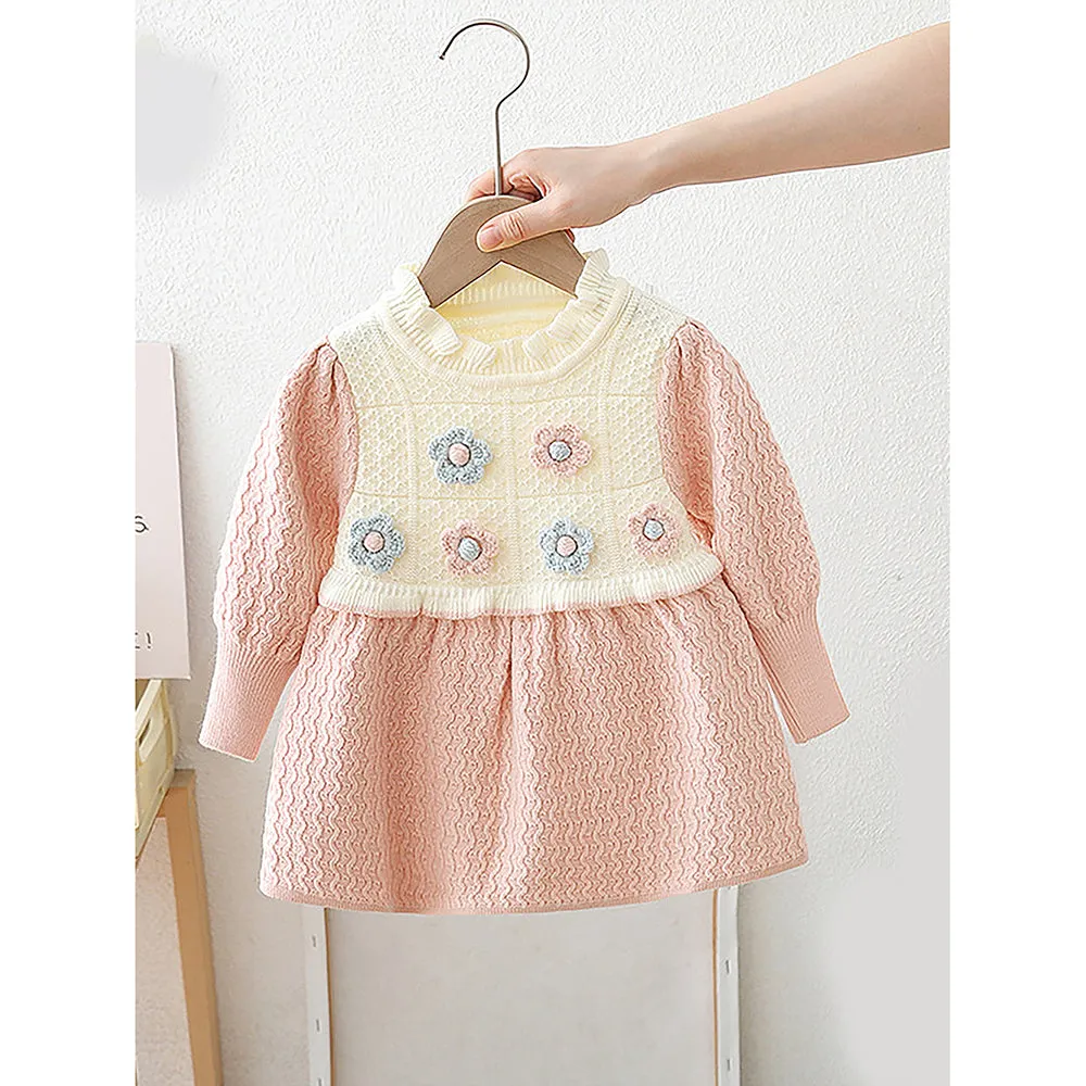 Little Surprise Box Pink & Cream Front Floral Jacket Patterned Knitted Frock Winter Wear For Girls