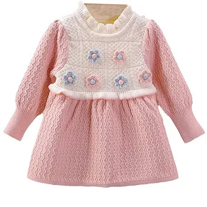 Little Surprise Box Pink & Cream Front Floral Jacket Patterned Knitted Frock Winter Wear For Girls