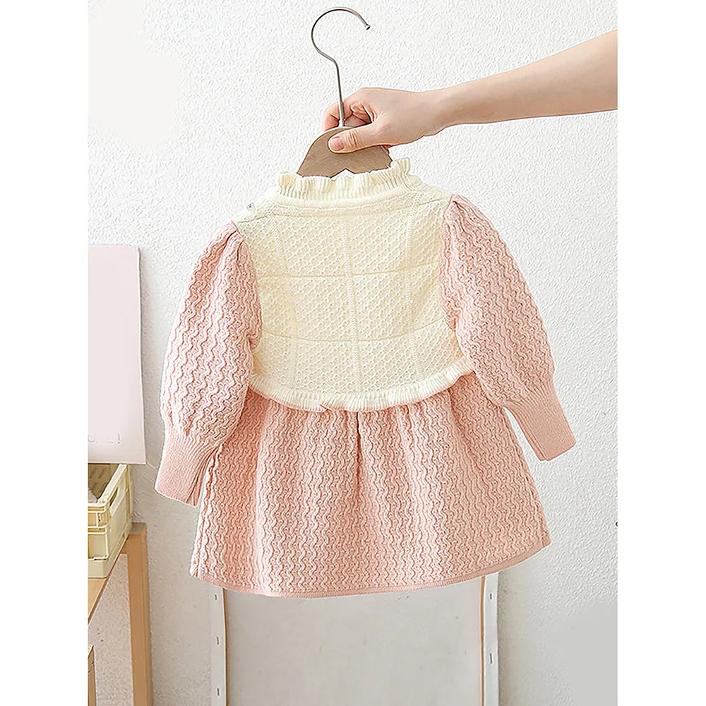 Little Surprise Box Pink & Cream Front Floral Jacket Patterned Knitted Frock Winter Wear For Girls