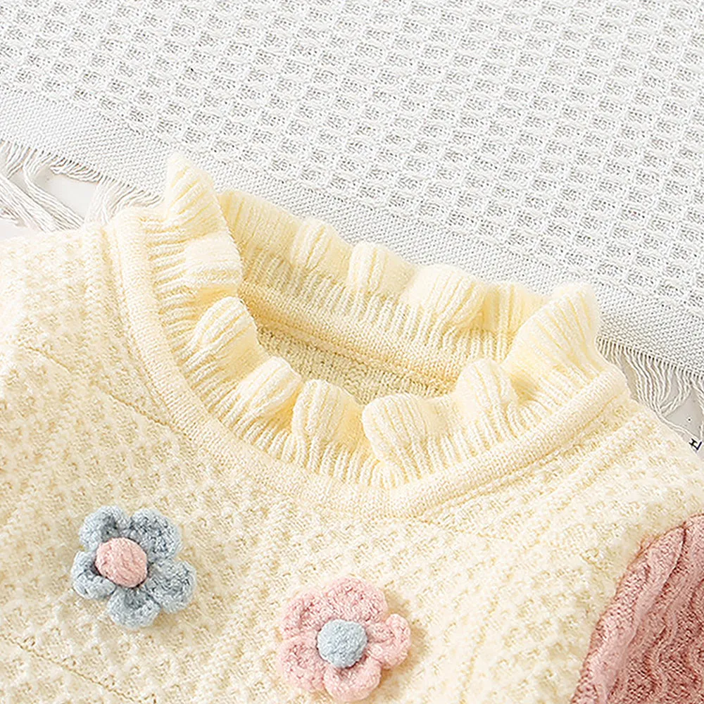 Little Surprise Box Pink & Cream Front Floral Jacket Patterned Knitted Frock Winter Wear For Girls