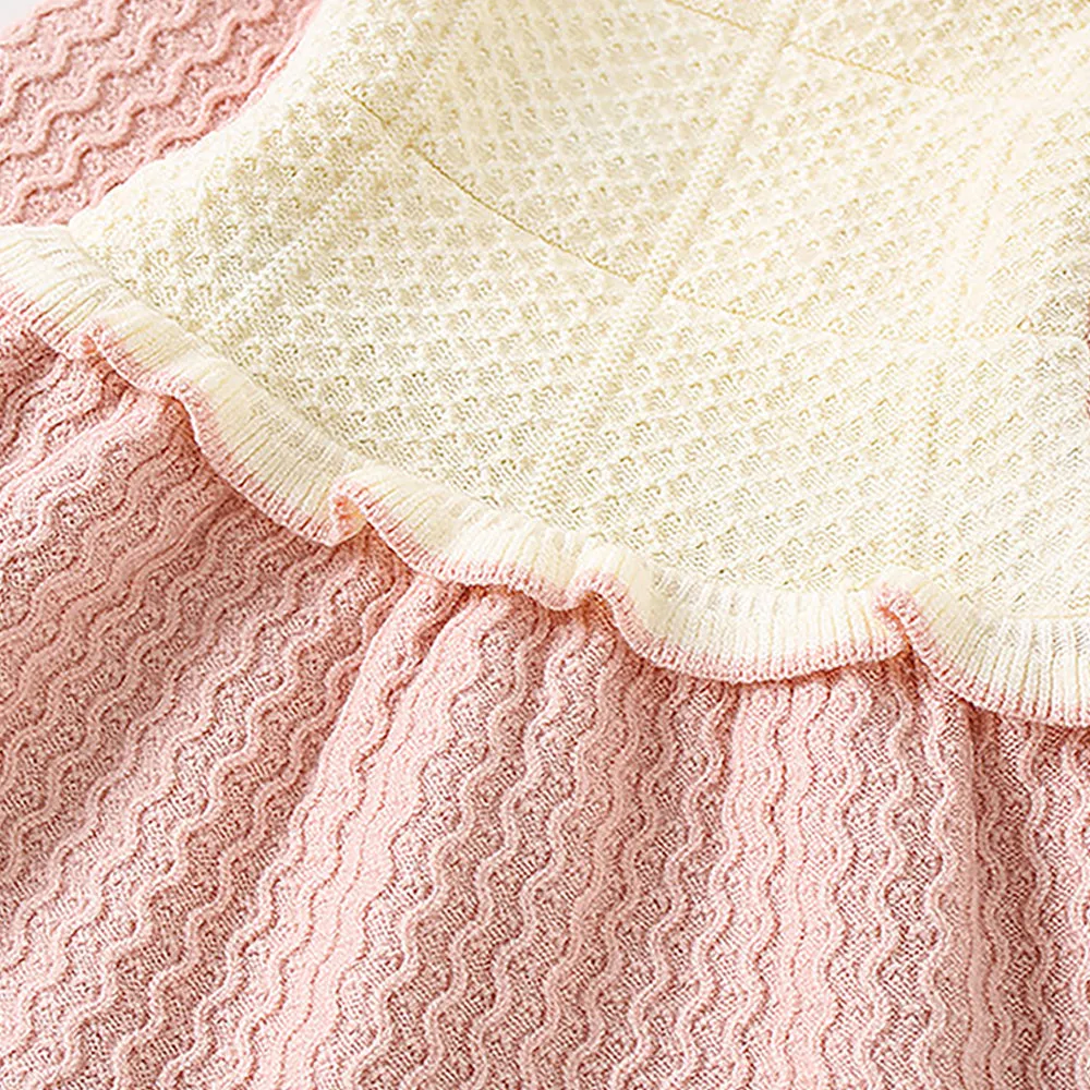 Little Surprise Box Pink & Cream Front Floral Jacket Patterned Knitted Frock Winter Wear For Girls