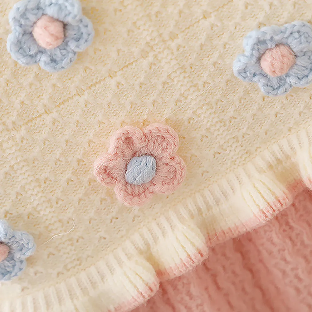 Little Surprise Box Pink & Cream Front Floral Jacket Patterned Knitted Frock Winter Wear For Girls