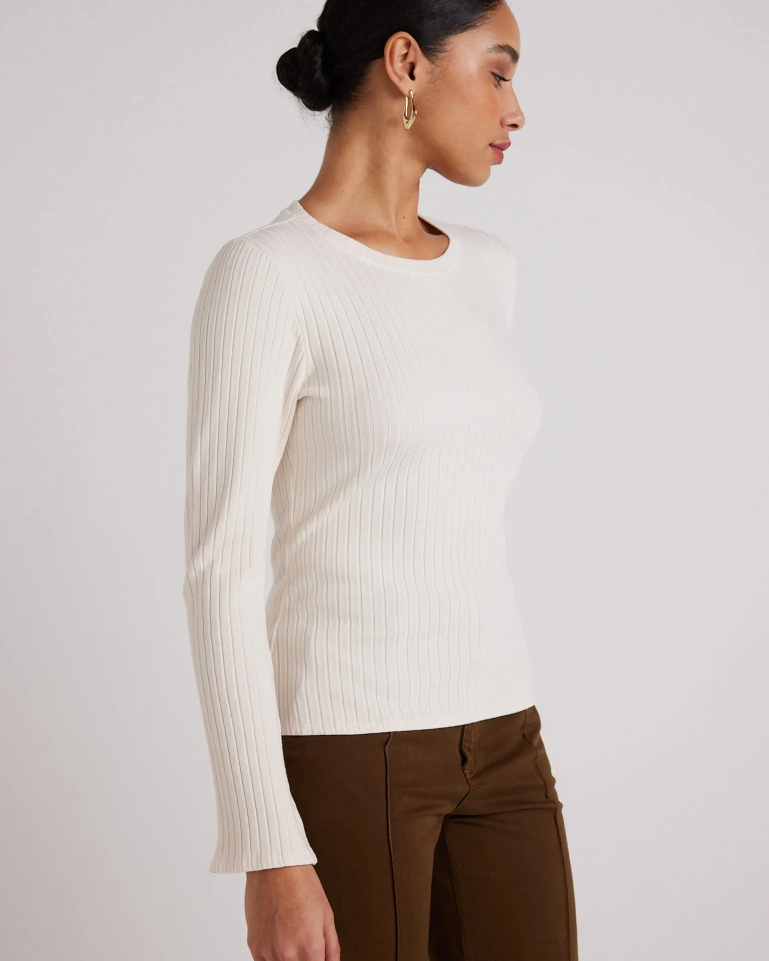 Long Sleeve Rib Crew Tee in Winter White