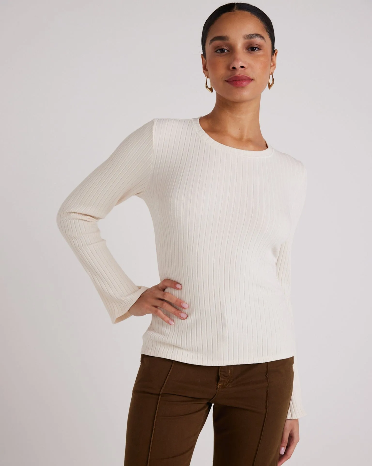 Long Sleeve Rib Crew Tee in Winter White