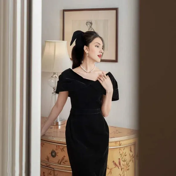 Luolandi Cover Shoulder Midi Velvet Dress Bodycon Midi Dress Wedding Guest Party Dresses Elegant Black
