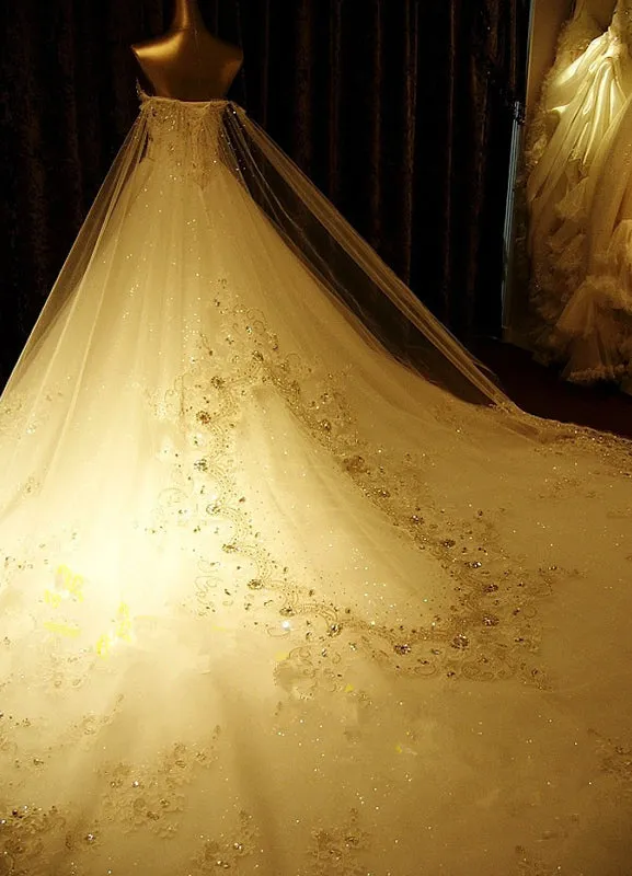Luxury Strapless Tulle Lace Beading A-Line Wedding Dresses Long