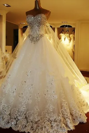 Luxury Strapless Tulle Lace Beading A-Line Wedding Dresses Long