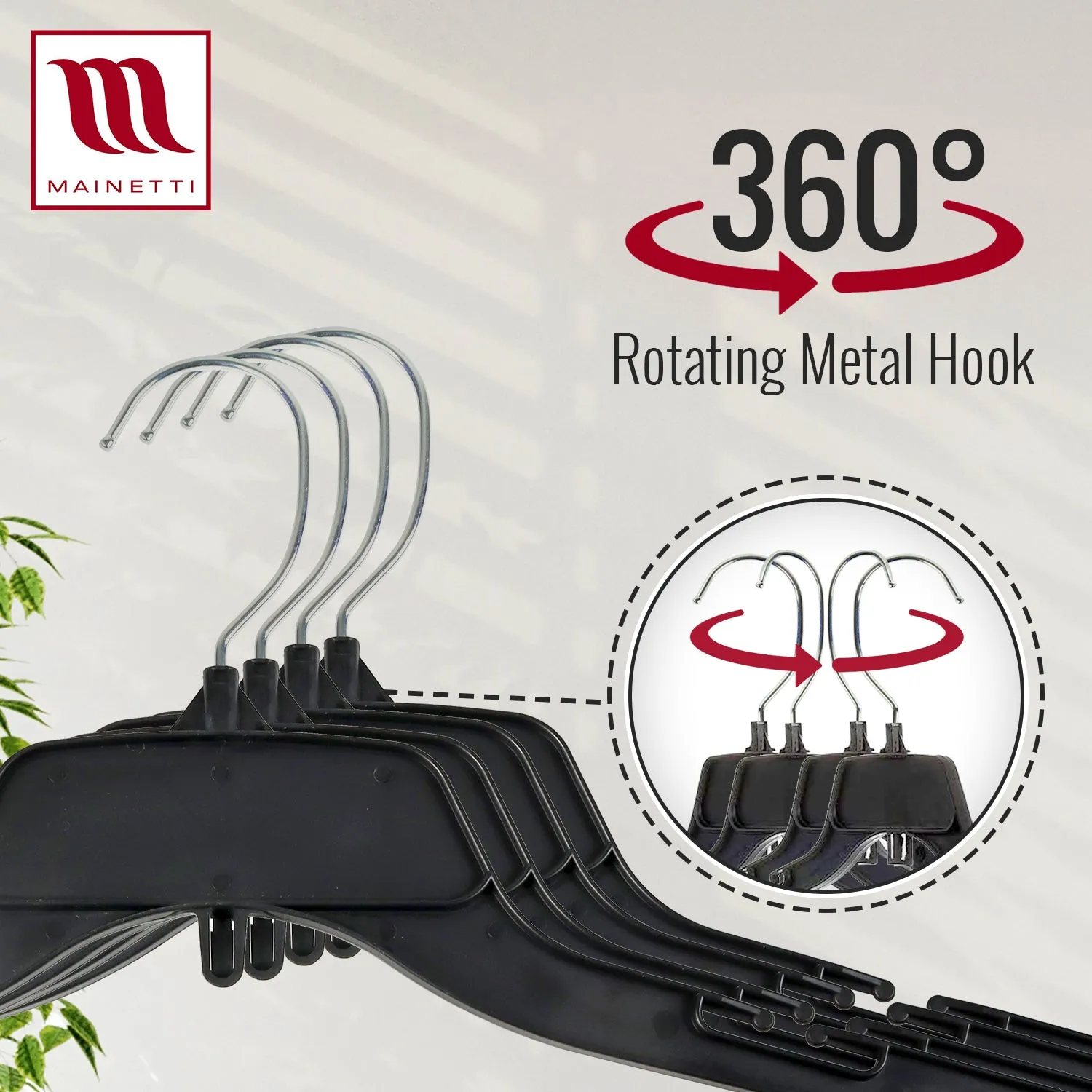Mainetti 484  17" REUSE Black Plastic, Shirt Top Dress Hangers, with turnable metal hook and notches for straps