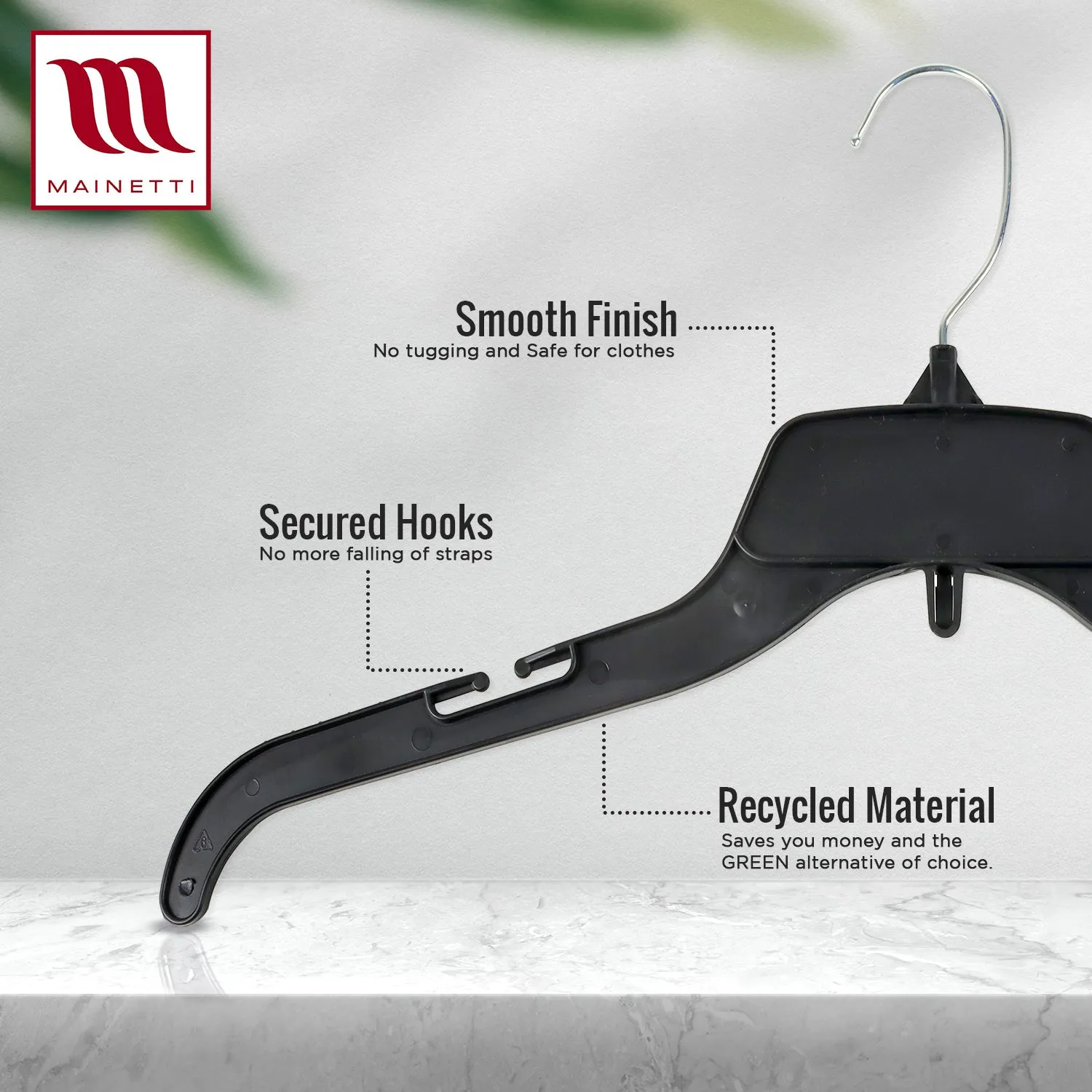 Mainetti 484  17" REUSE Black Plastic, Shirt Top Dress Hangers, with turnable metal hook and notches for straps