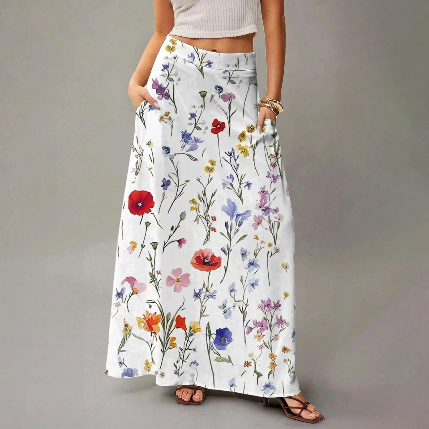Maxi Skirts for Women Summer Boho Beach Elastic High Waist Pleated A-Line Flowy Swing Long Skirts