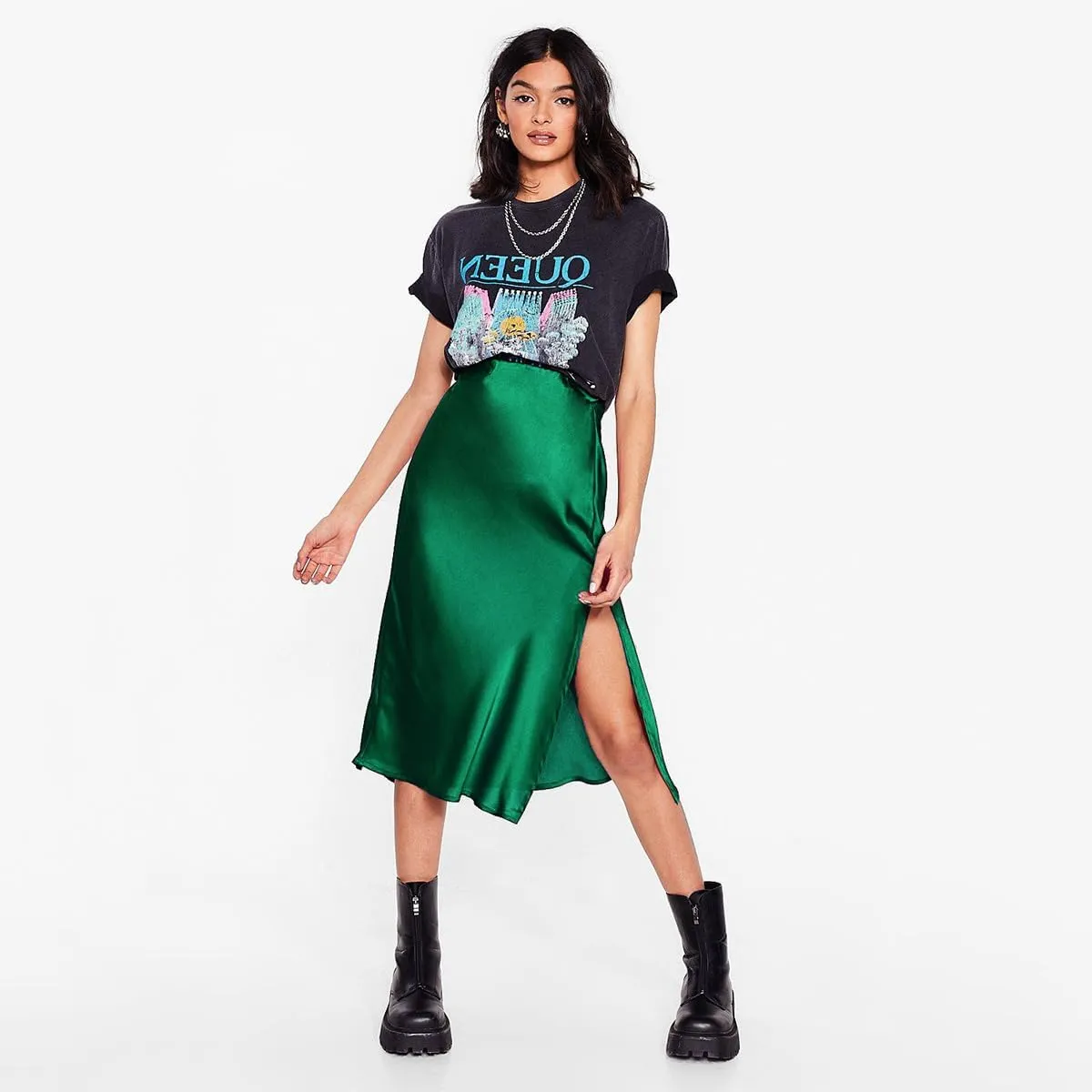 Midi Satin Skirts for Women with Slit Silk Skirts for Women High Waist Silky Side Split Party Flared Casual A Line Midi Skirt