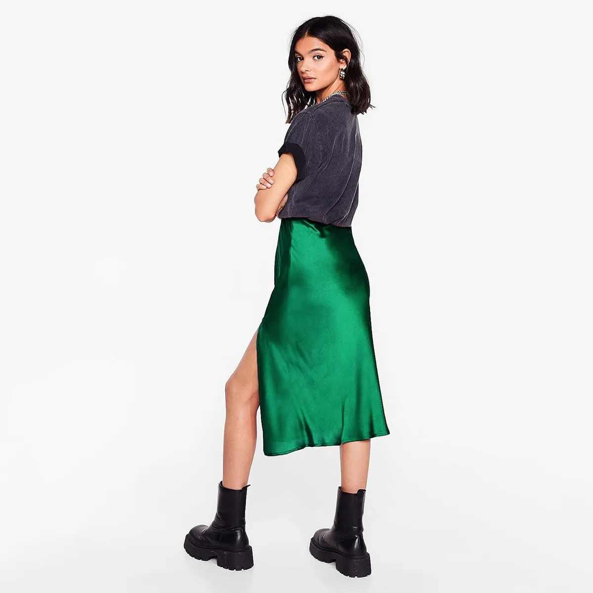 Midi Satin Skirts for Women with Slit Silk Skirts for Women High Waist Silky Side Split Party Flared Casual A Line Midi Skirt
